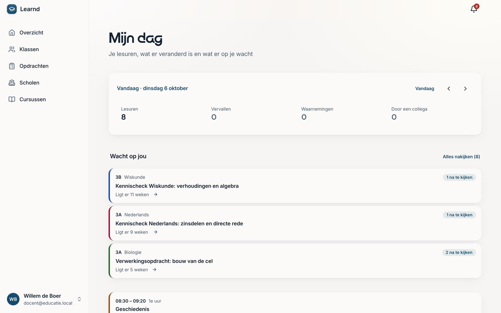 Het scherm Mijn dag van een docent met lesuren en nakijkwerk